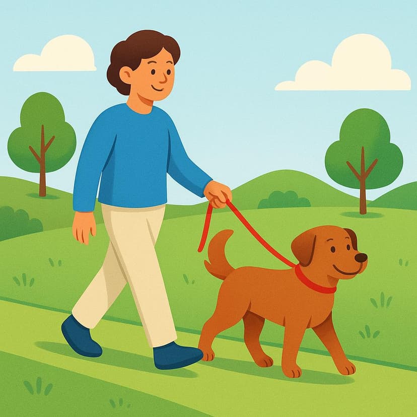 Een persoon die een rode lijn vasthoudt en een blije bruine hond uitlaat op een groen parkpad.