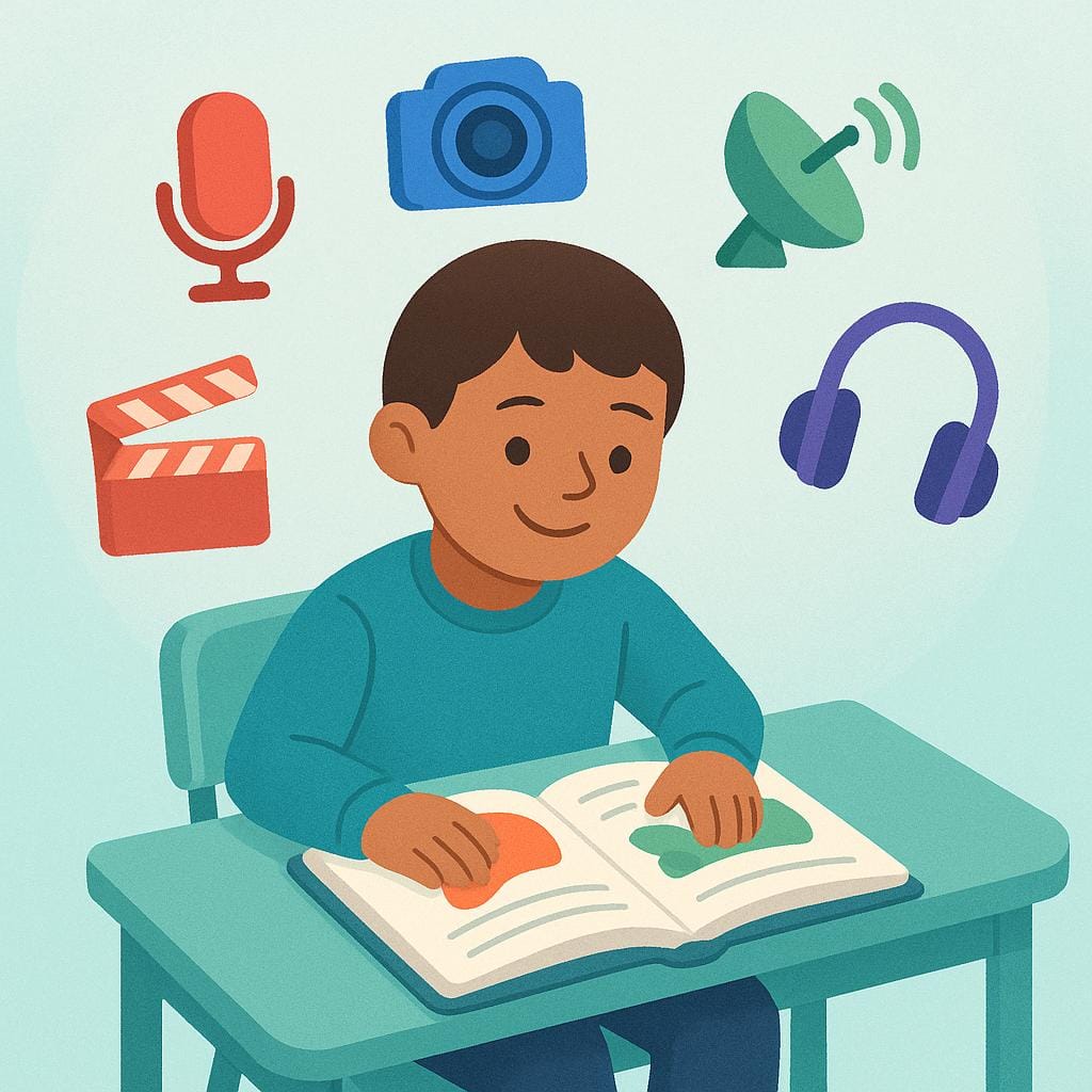 A colorful illustration of a student sitting at a desk with an open book, surrounded by simple floating icons representing media like a microphone, a camera, and a stylized antenna.