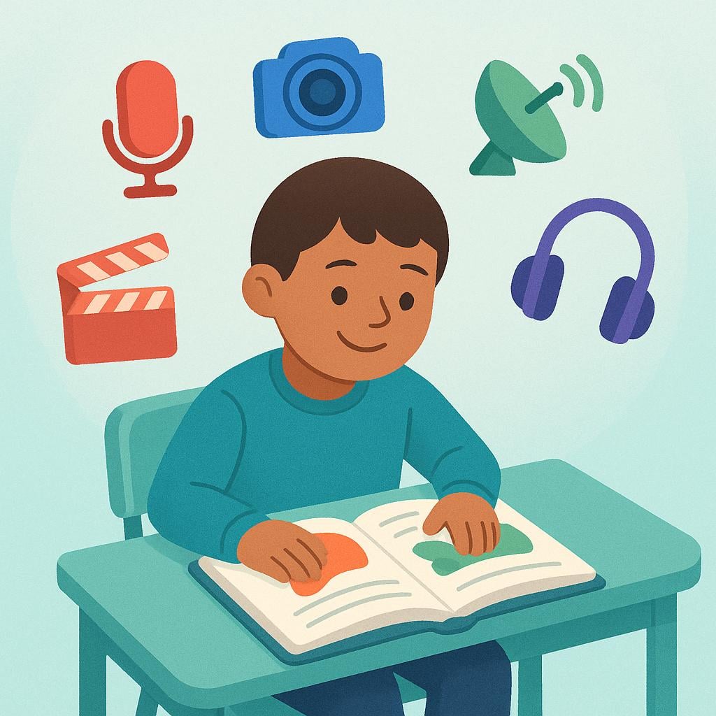 A colorful illustration of a student sitting at a desk with an open book, surrounded by simple floating icons representing media like a microphone, a camera, and a stylized antenna.