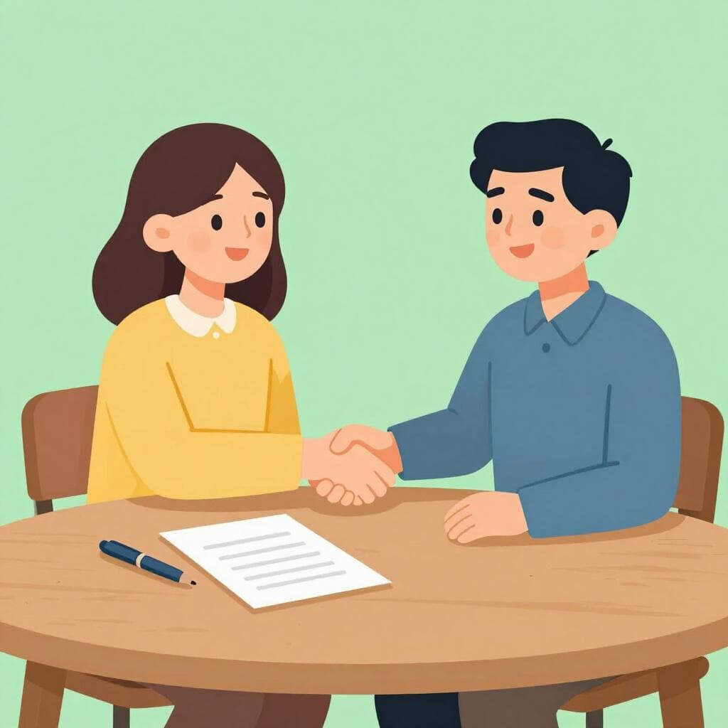 Twee mensen zitten tegenover een tafel, glimlachen en schudden elkaar de hand boven een ondertekend document.