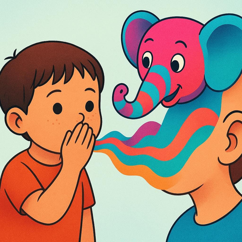 A small figure whispering into another person's ear, and the whispered sound visually manifests as a disproportionately large, absurd object, symbolizing a lie.