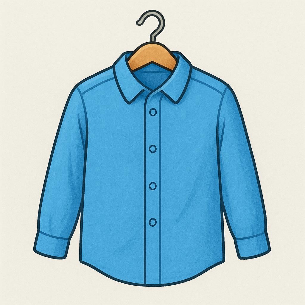 A simple illustration of a blue collared shirt, highlighting the folded fabric collar around the opening for the neck.