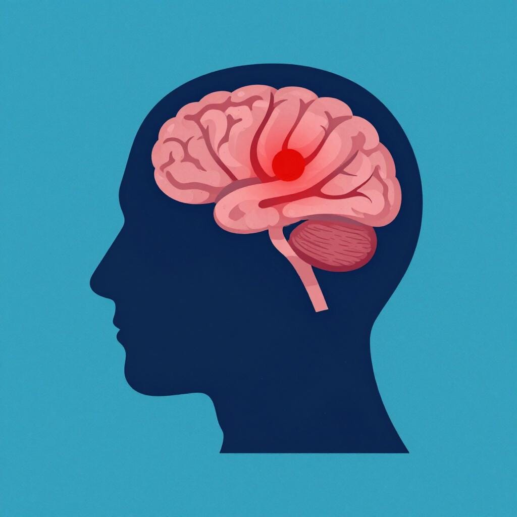A simple medical silhouette of a human head with a small red area inside the brain region.