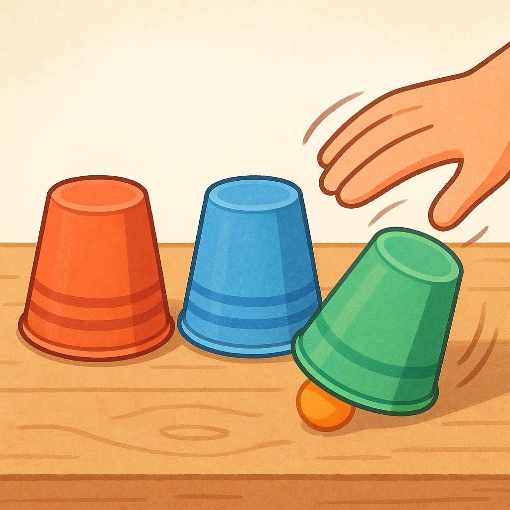 A hand moving one of three identical overturned cups on a table, suggesting a shell game where the location of a hidden object is obscured.