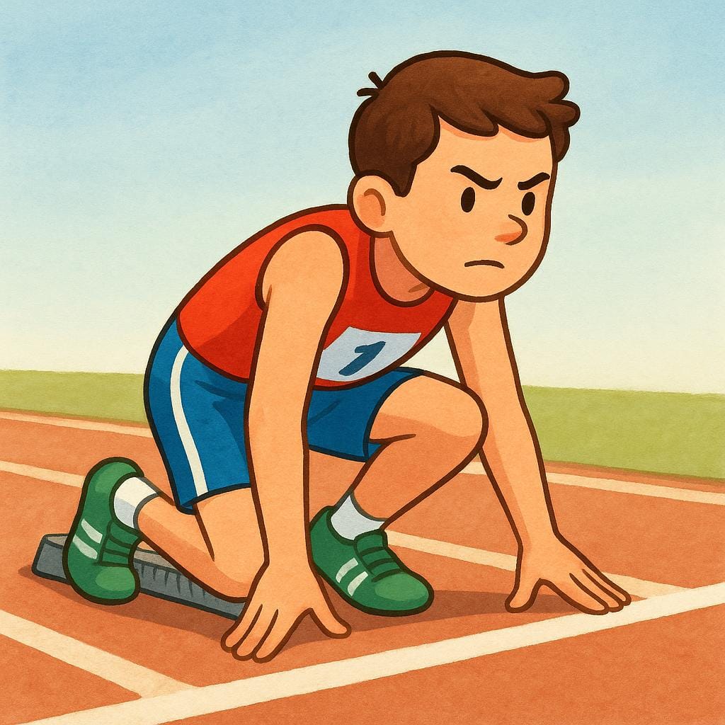 A cartoon runner crouched low at a starting block on a track, focused and ready to sprint forward.