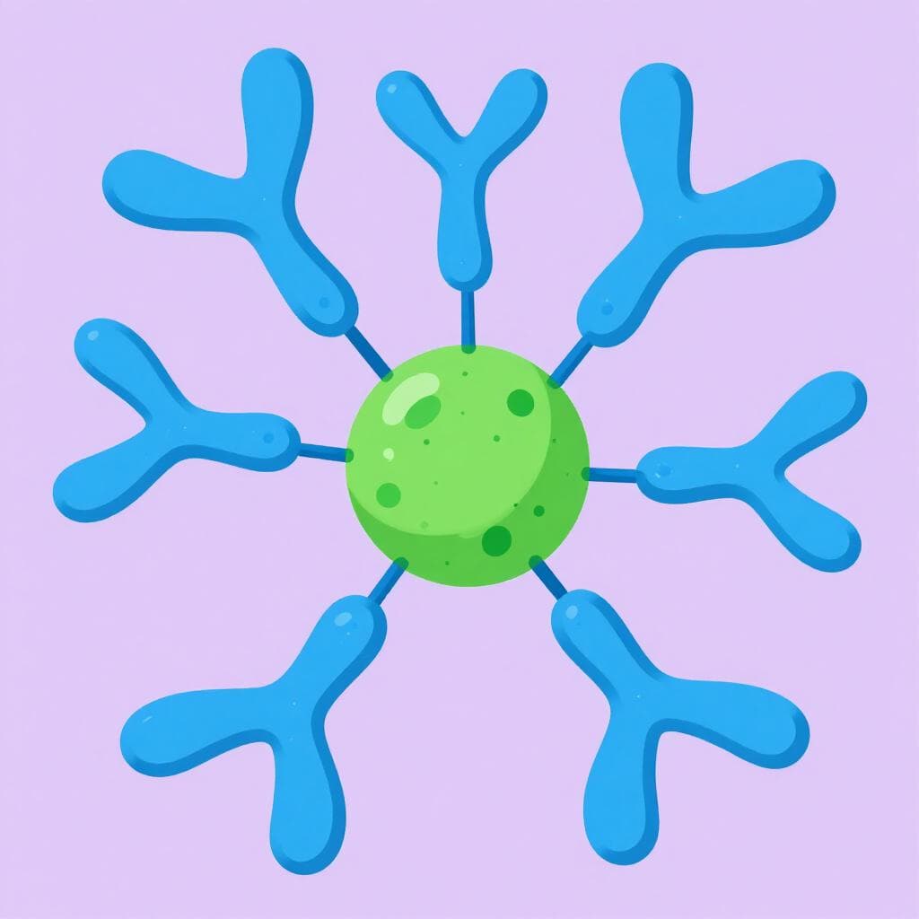 Une illustration colorée de protéines d'anticorps en forme de Y entourant et s'attachant à une petite particule de virus verte.