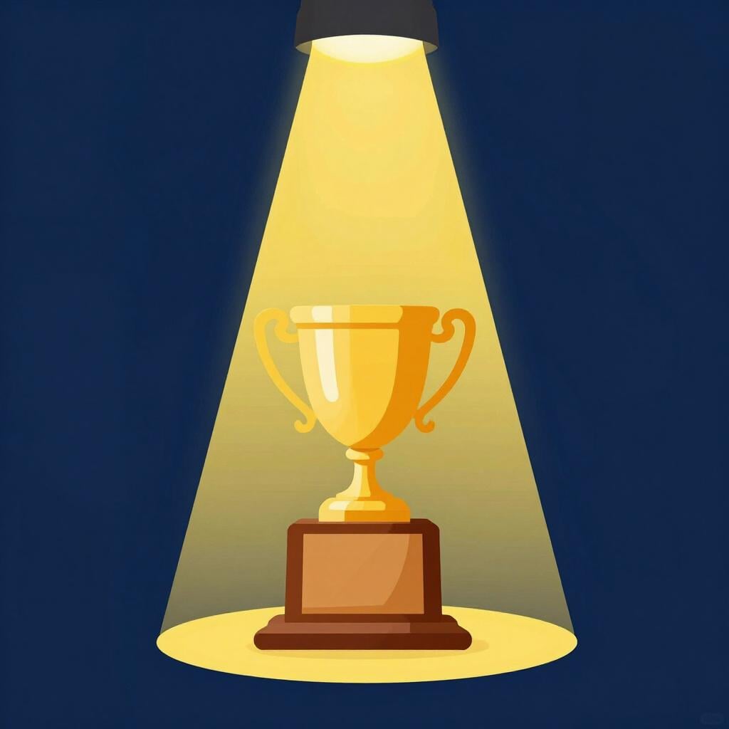 Une scène lumineuse avec un seul projecteur braqué sur un beau trophée doré brillant posé sur une petite table en bois.