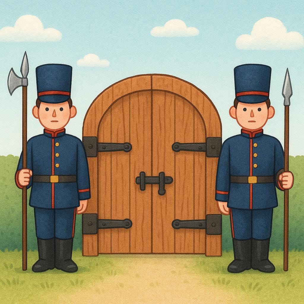 Zwei Figuren in einfachen Uniformen stehen starr zu beiden Seiten eines geschlossenen Holztors und symbolisieren Schutz.