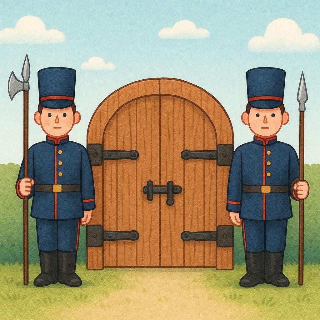 Two figures in simple uniforms standing rigidly on either side of a closed wooden gate, symbolizing protection.
