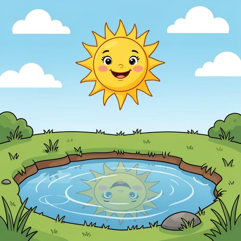 A happy sun in the sky with a calm pond below that shows the sun's happy face.
