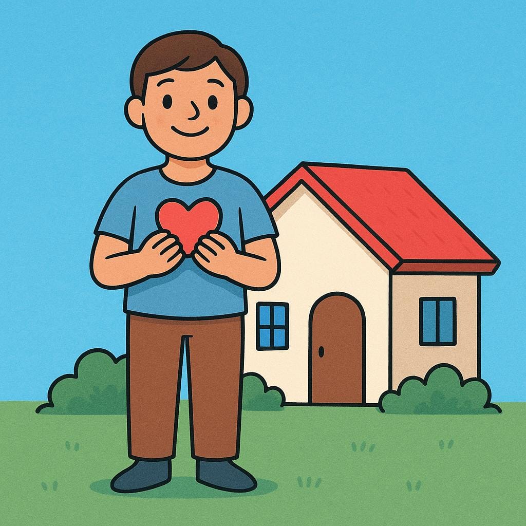 A cheerful, smiling person holding a simple heart shape while standing in front of a small, stylized house under a bright blue sky.