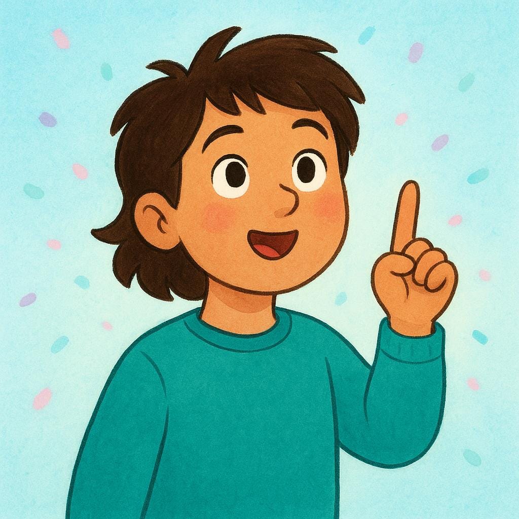Una persona che sembra sorpresa e felice, tenendo un dito alzato come se avesse appena avuto un'idea brillante o una realizzazione.
