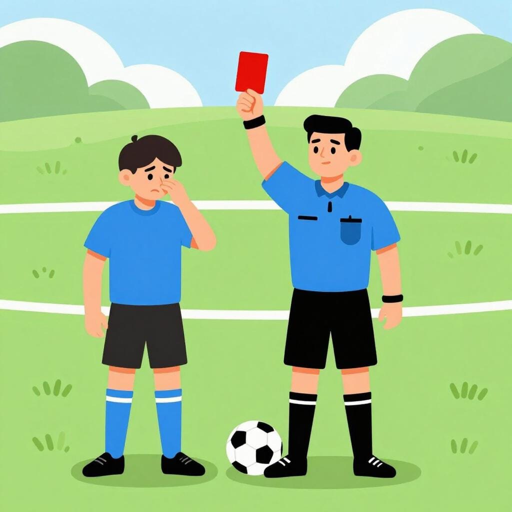A soccer player being shown a red card by a referee on a green field.