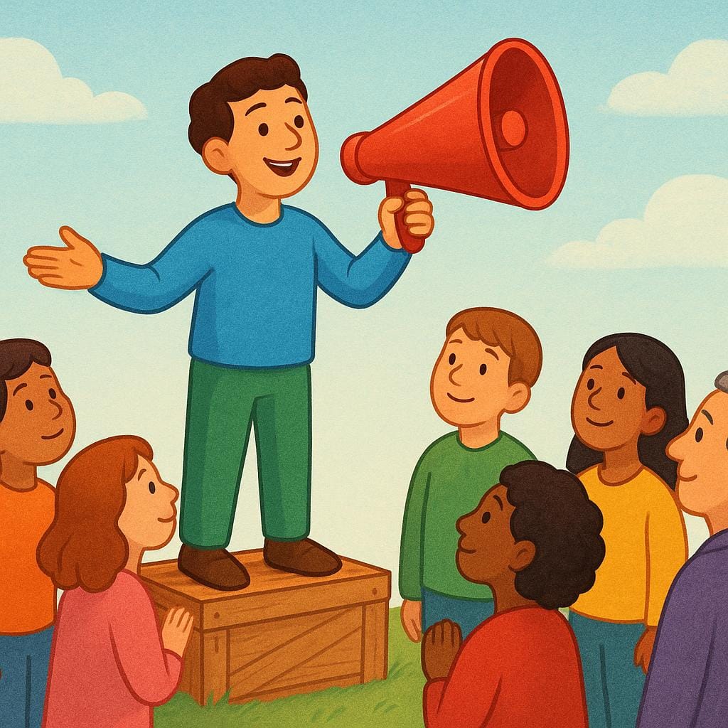 A cheerful figure standing on a small wooden box, holding a large red megaphone and making a public announcement to a small group of attentive listeners.