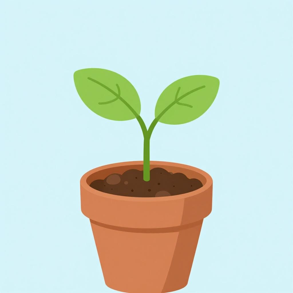 A small plant cutting with a few leaves sitting in a pot of soil.