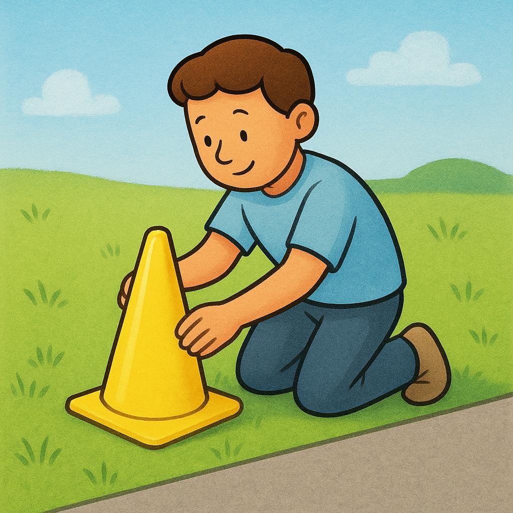 A person places a large, bright yellow traffic cone onto the edge of a grassy area, establishing a clear boundary.