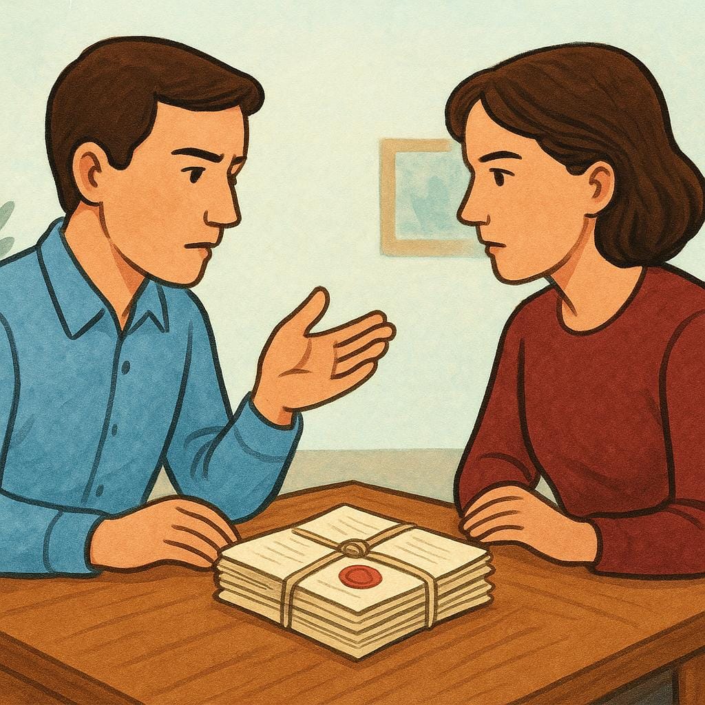A storybook illustration showing two individuals sitting across a table, seriously discussing a stack of papers, symbolizing important matters.