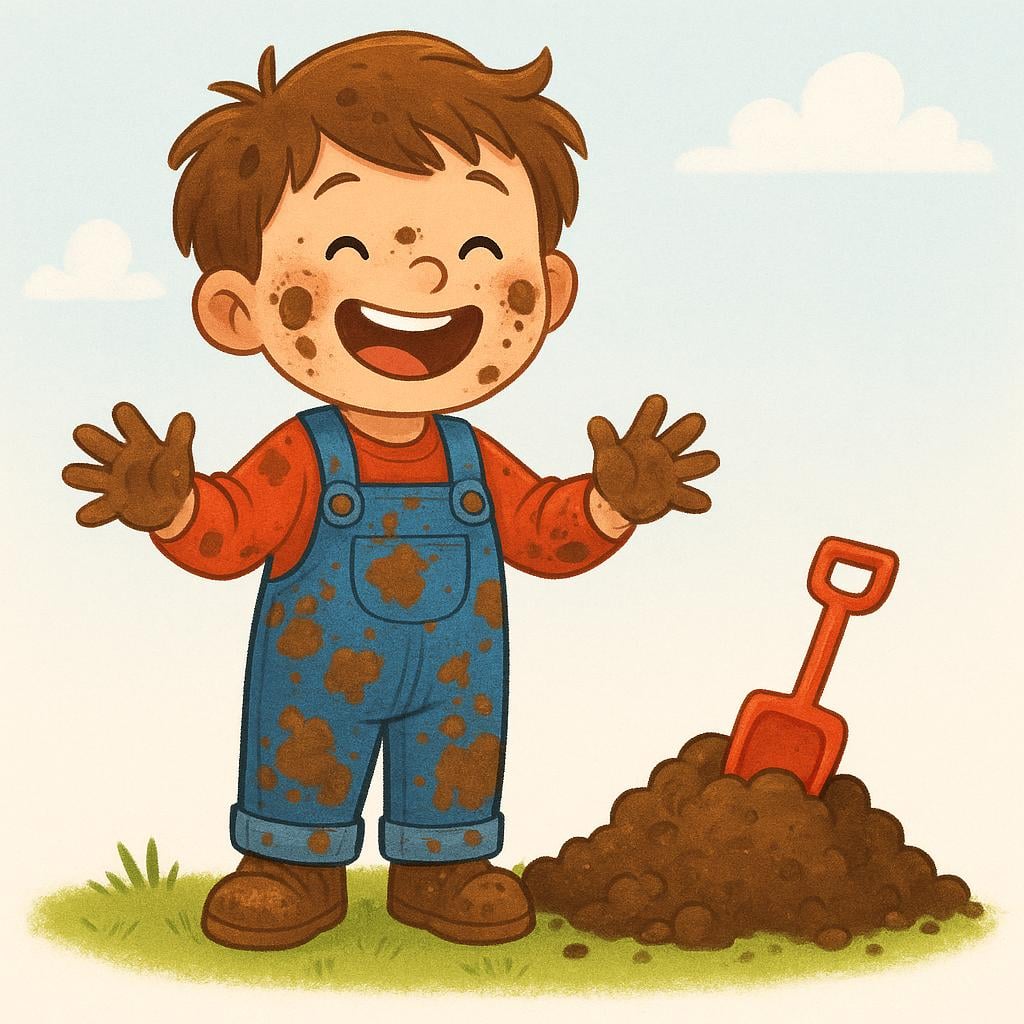 A cheerful storybook illustration of a young child completely covered in mud, standing next to a garden patch, clearly indicating they smell of dirt.