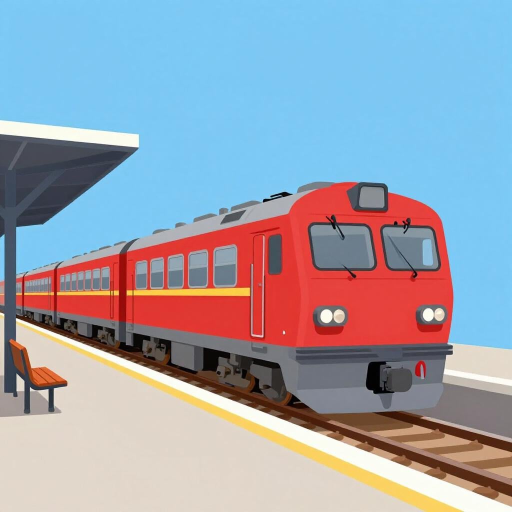 A colorful train waiting at a station platform with a clear blue sky above.
