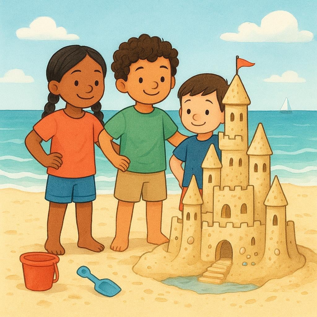 Three friends standing on a sunny beach looking proudly at a large, detailed sandcastle they have just finished building.