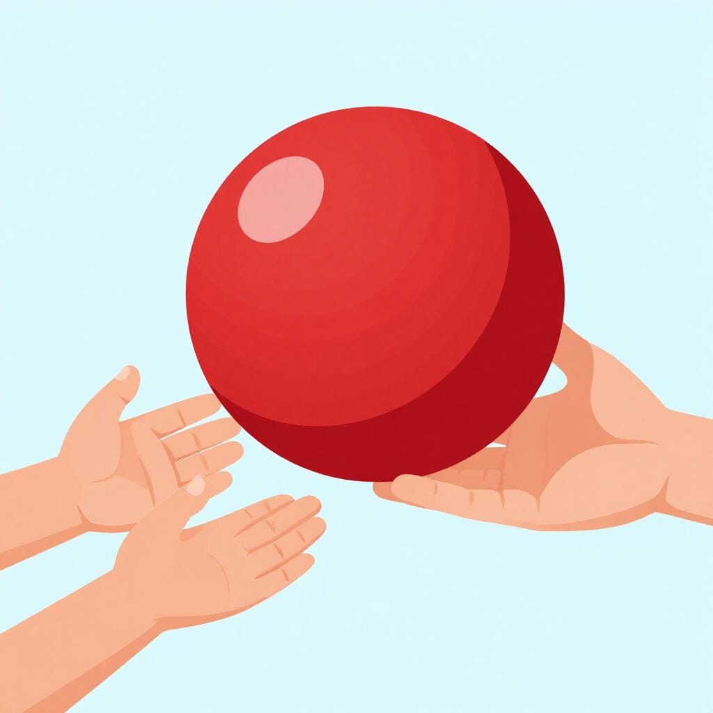 Eén persoon geeft een felrode bal aan de open handen van een andere persoon.