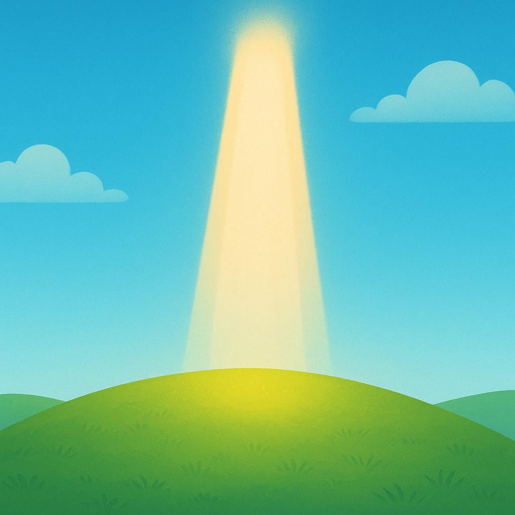 A gentle, radiant beam of golden light descending from a bright blue sky onto a peaceful, rolling green hill, symbolizing the divine.