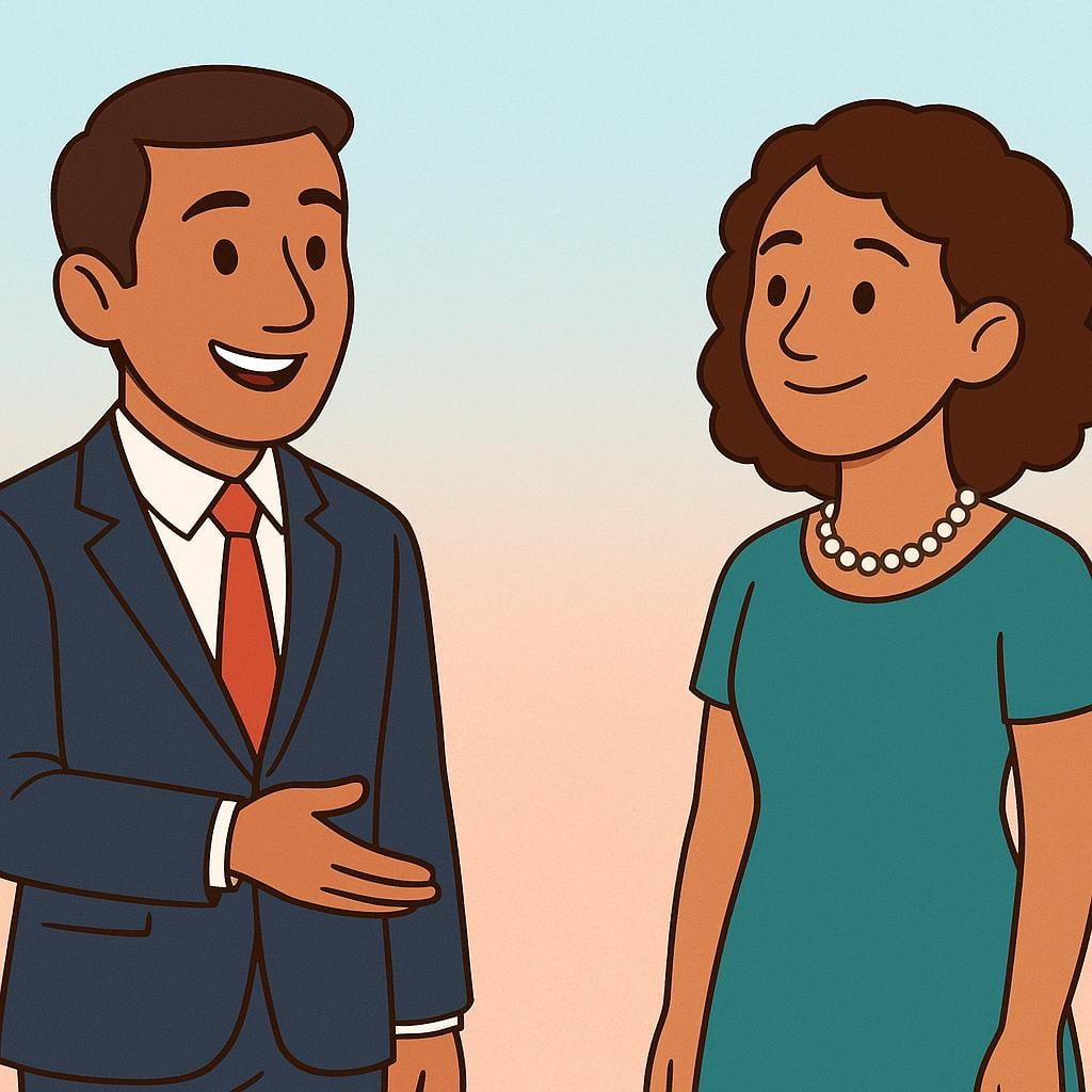 A man in a blue shirt smiling and gesturing toward a woman in a red dress, indicating an introduction between two people.