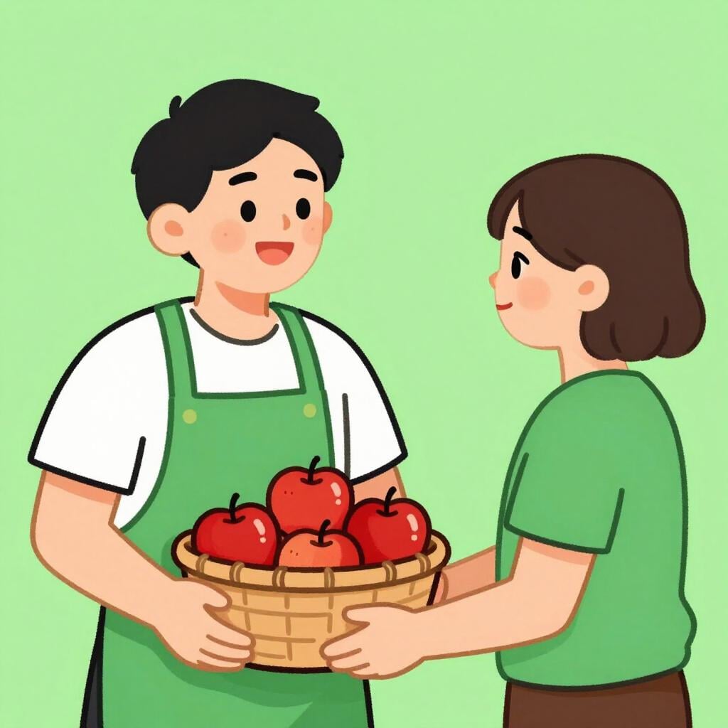 A fruit seller and a customer smiling while holding a basket of apples together.
