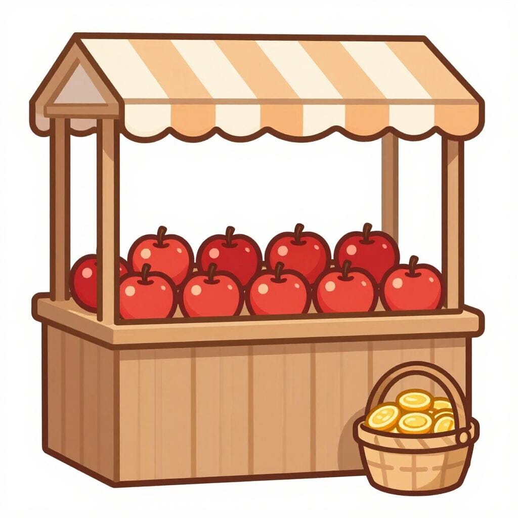 A vibrant fruit stand with a large basket of apples and a small pile of gold coins next to it.