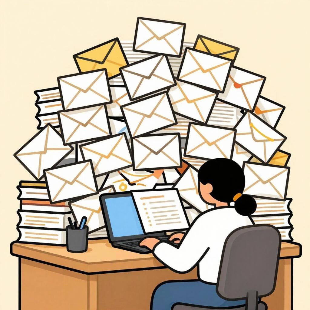 A small character sitting at a desk that is completely buried under a giant mountain of colorful envelopes and letters.