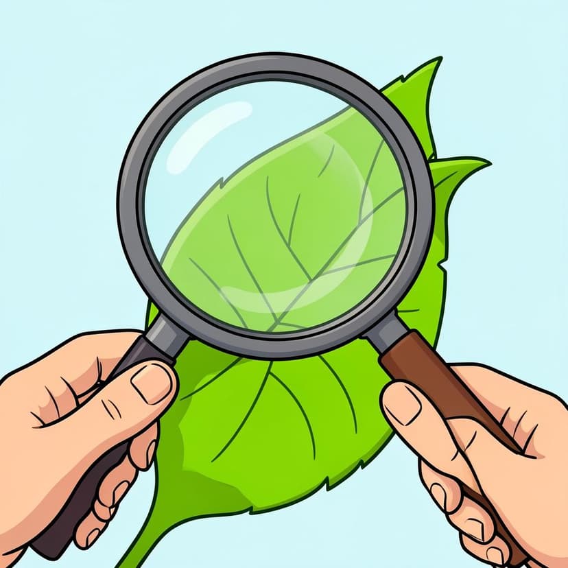 A person using a large magnifying glass to look at a bright green leaf.