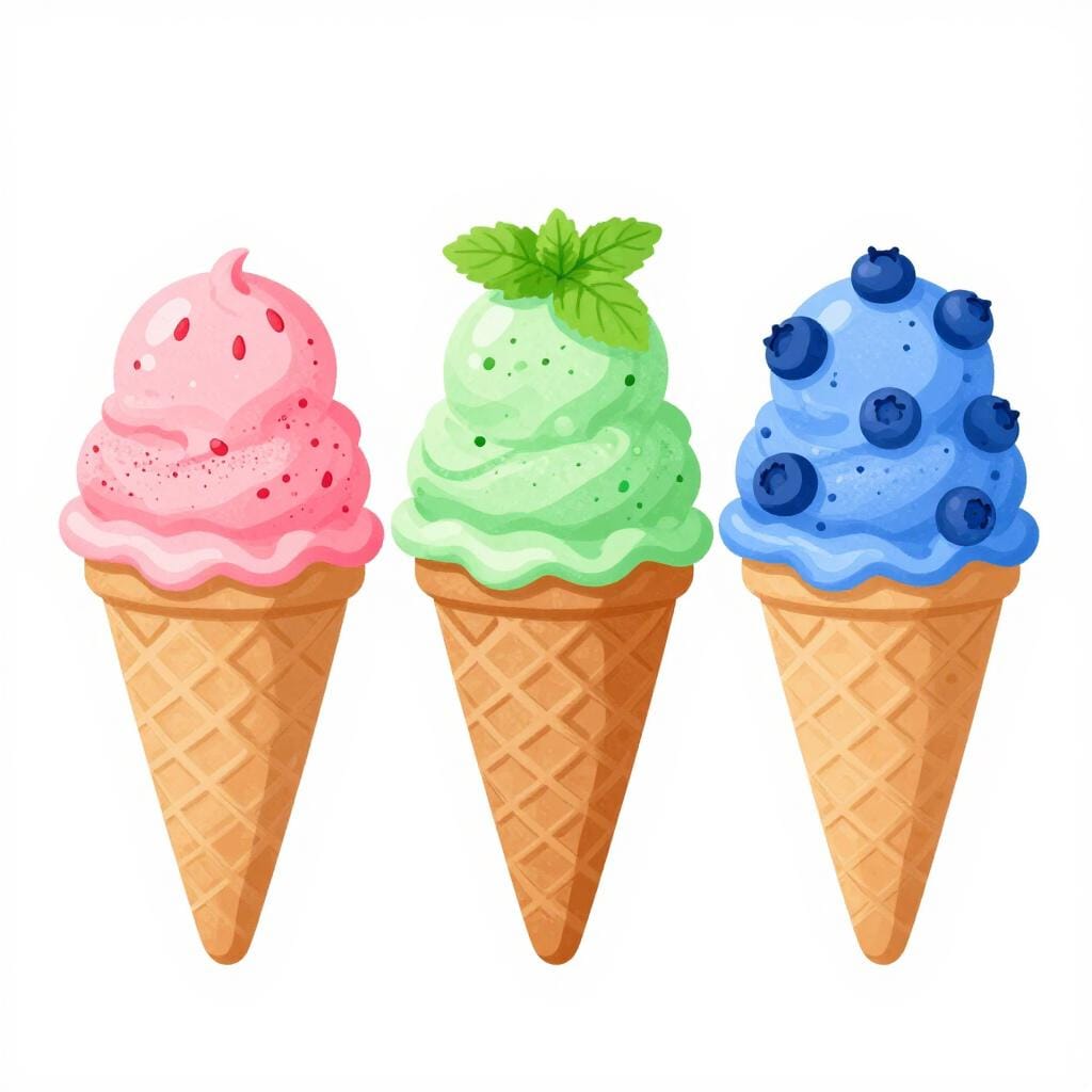 Three ice cream cones with different colored scoops: one pink, one green, and one blue.
