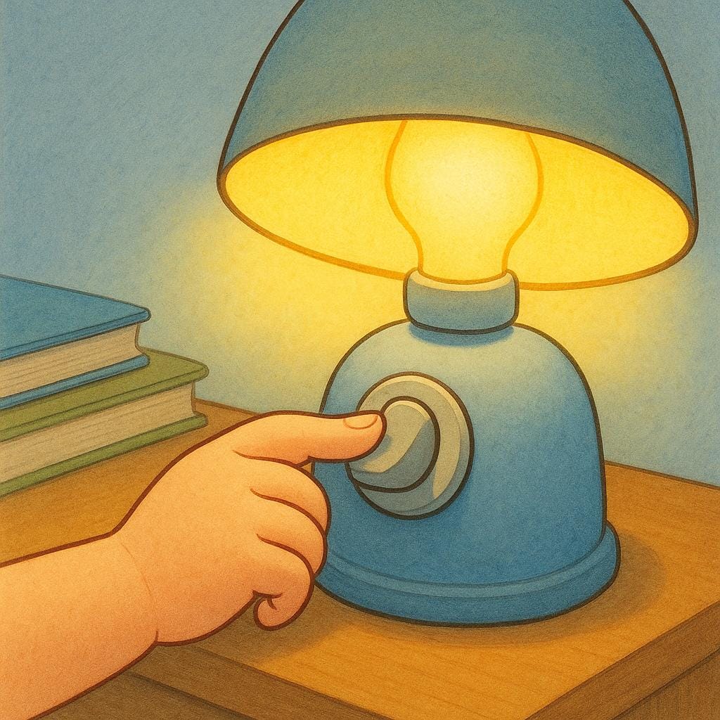 A hand flipping a large, clearly visible switch on a yellow table lamp, causing the lightbulb to illuminate brightly.