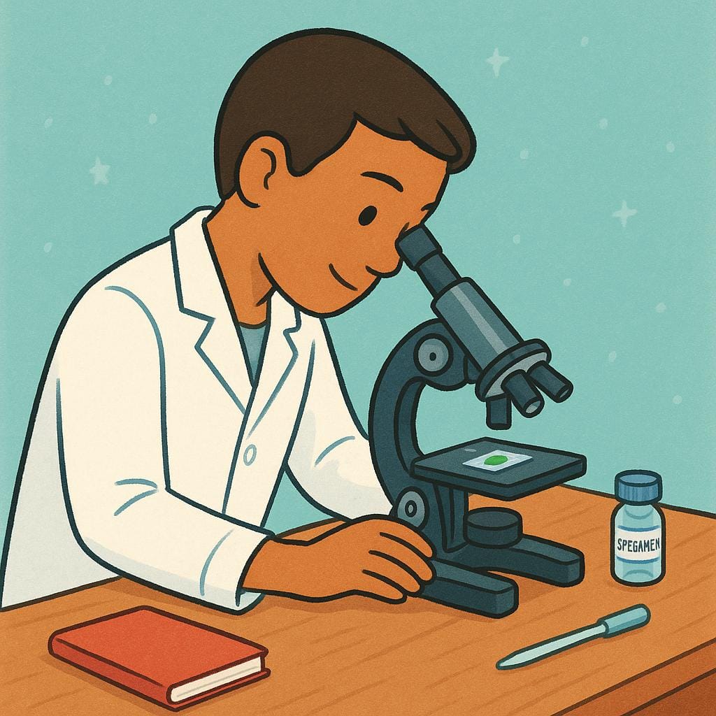 Een wetenschapper in een witte labjas kijkt aandachtig door een microscoop naar een petrischaal in een felverlicht laboratorium.