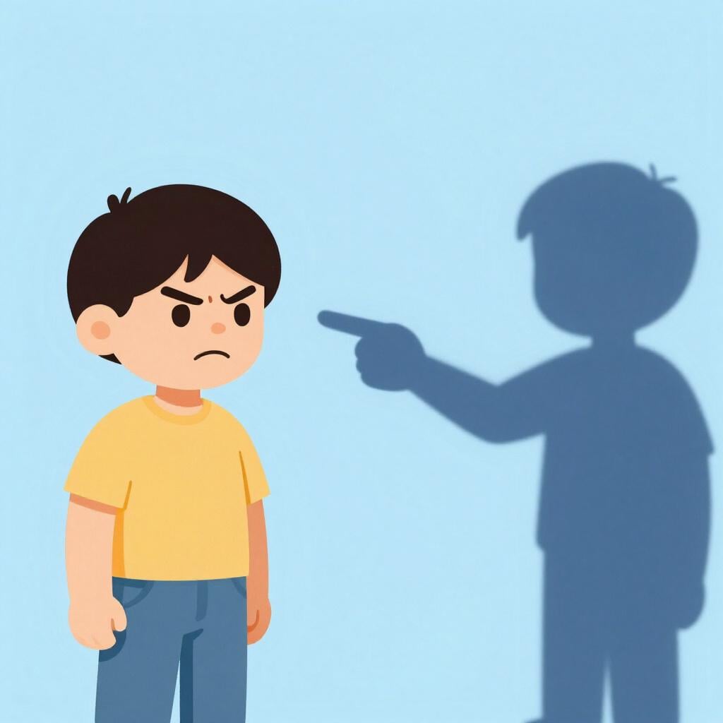 Eine farbenfrohe Bilderbuchillustration einer Person mit Stirnrunzeln, die eine andere Person ansieht, während ein Schatten hinter ihnen den wütenden Gesichtsausdruck der ersten Person zeigt.