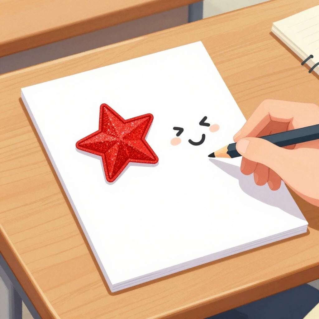 A school paper with a bright red star sticker and a smiling face drawn on it.