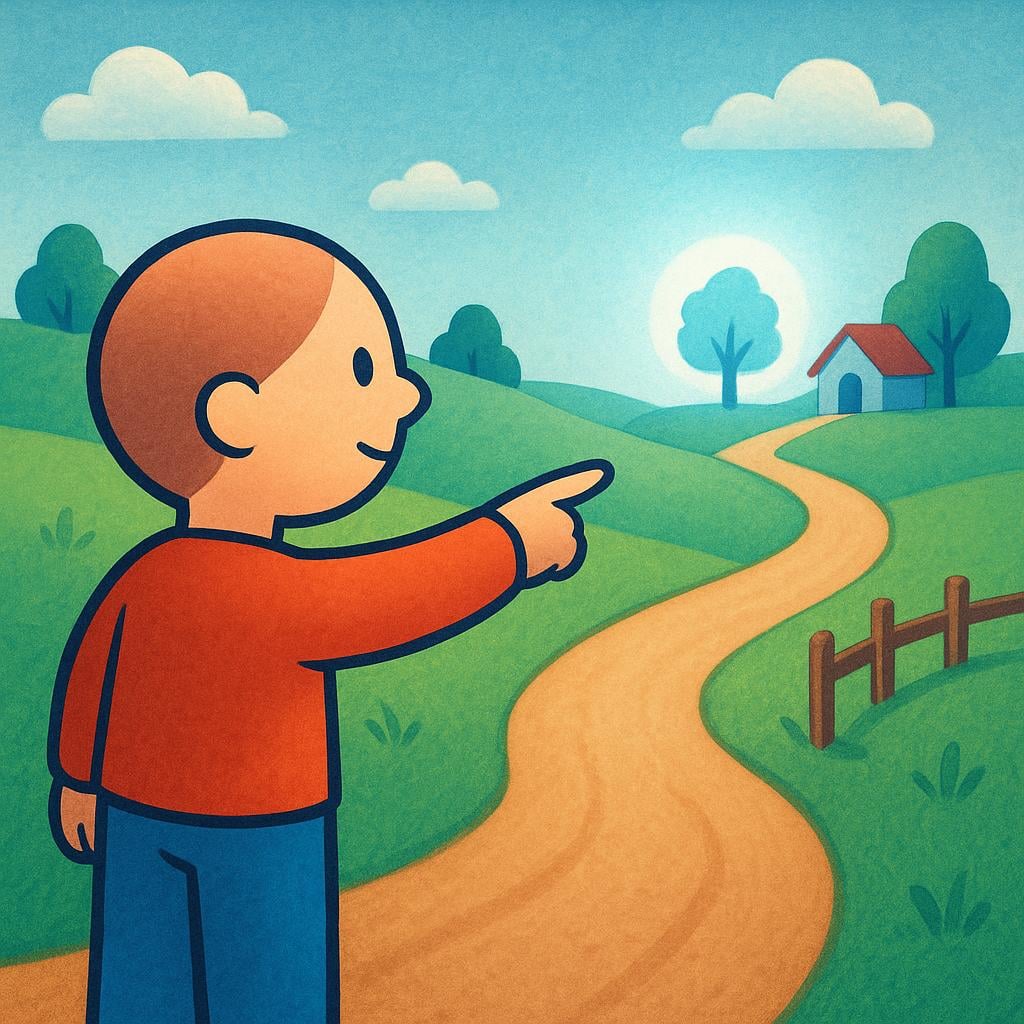 A person standing at a fork in a path, pointing decisively down one route towards a clearly visible, bright destination in the distance, illustrating setting a goal.