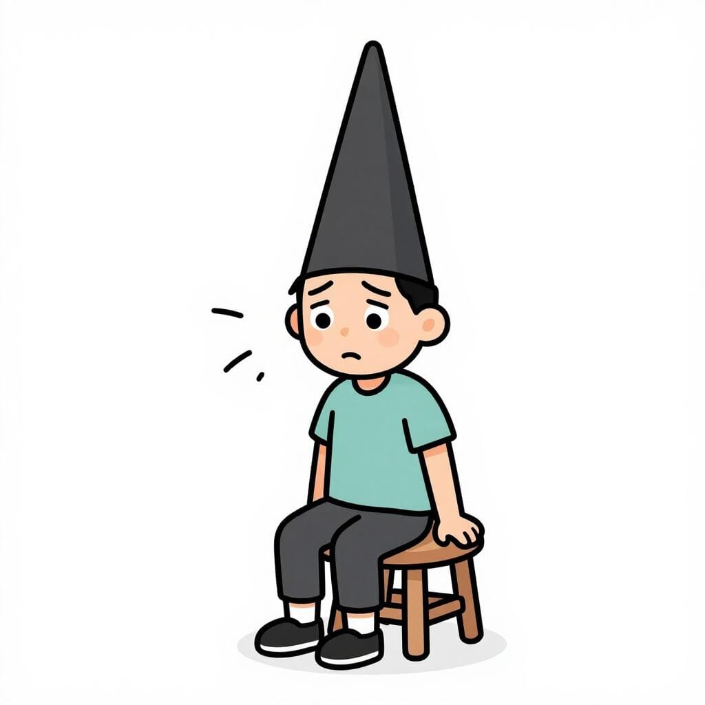 Eine alberne Person mit einer Narrenkappe, die auf einem bunten Hocker sitzt.