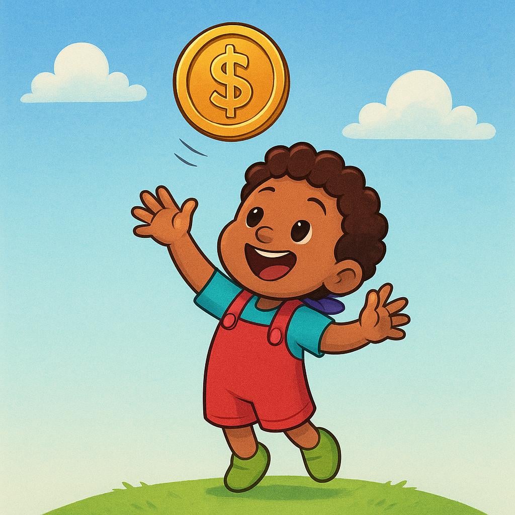 A joyful illustration of a child looking up and catching a large gold coin in their hand.