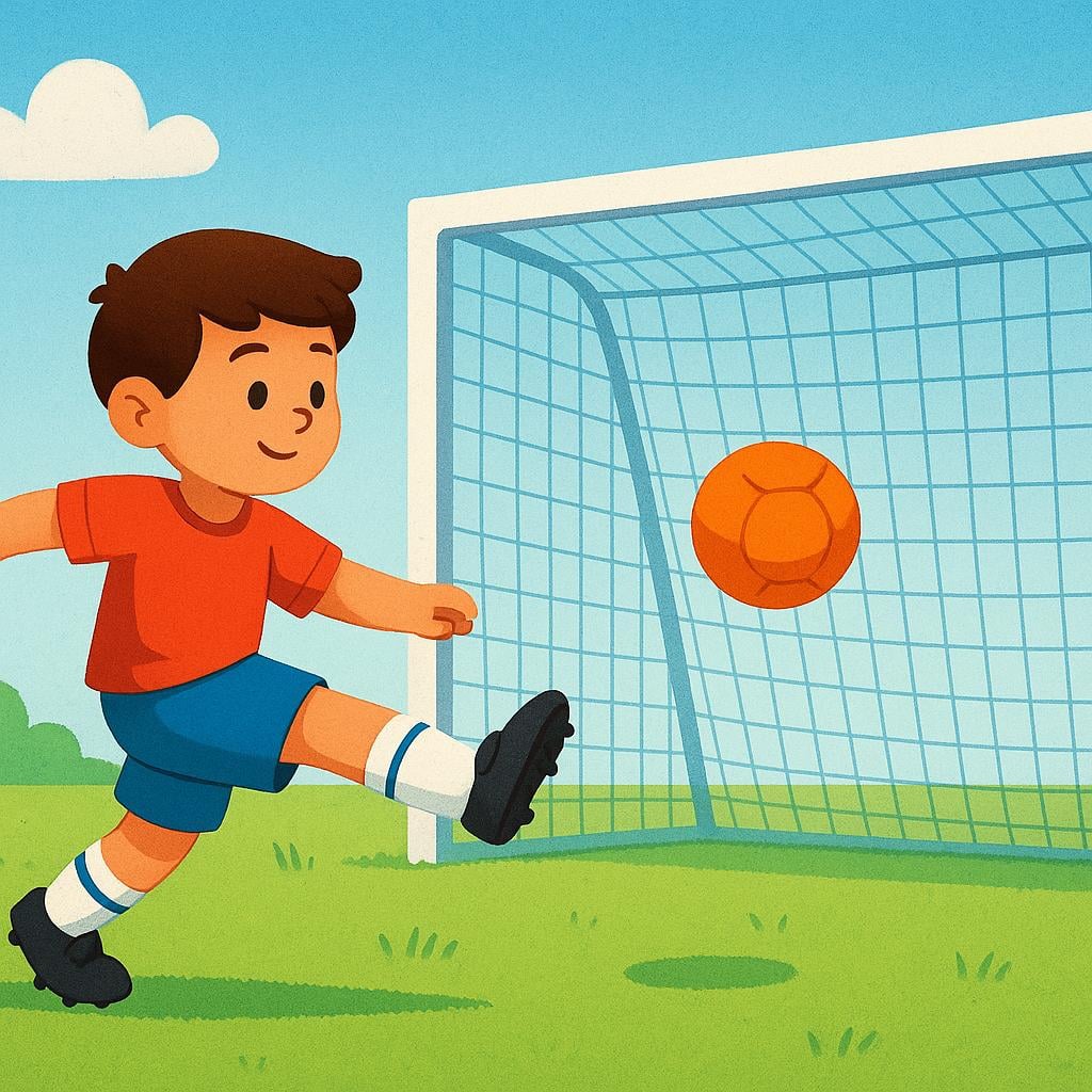 A stylized drawing of a soccer player mid-kick, sending a brightly colored soccer ball flying directly toward a large empty goal net.