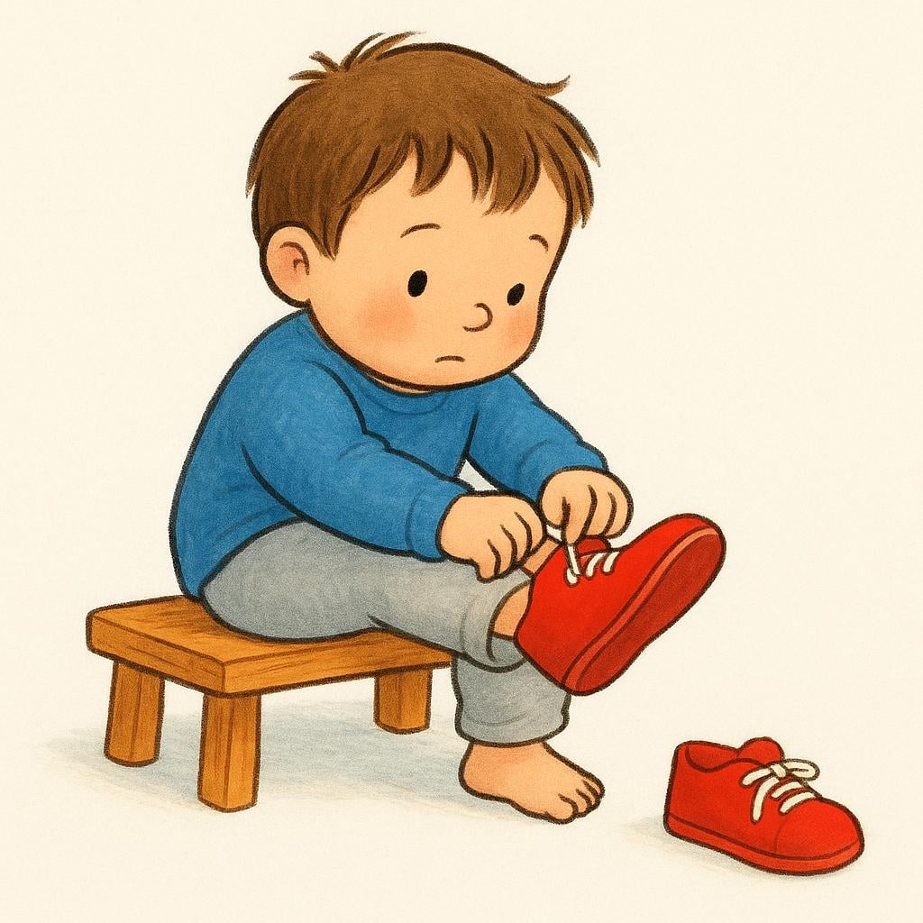 A child sitting on a small wooden bench, using both hands to pull a bright red shoe off their foot, illustrating the action of removing clothing.