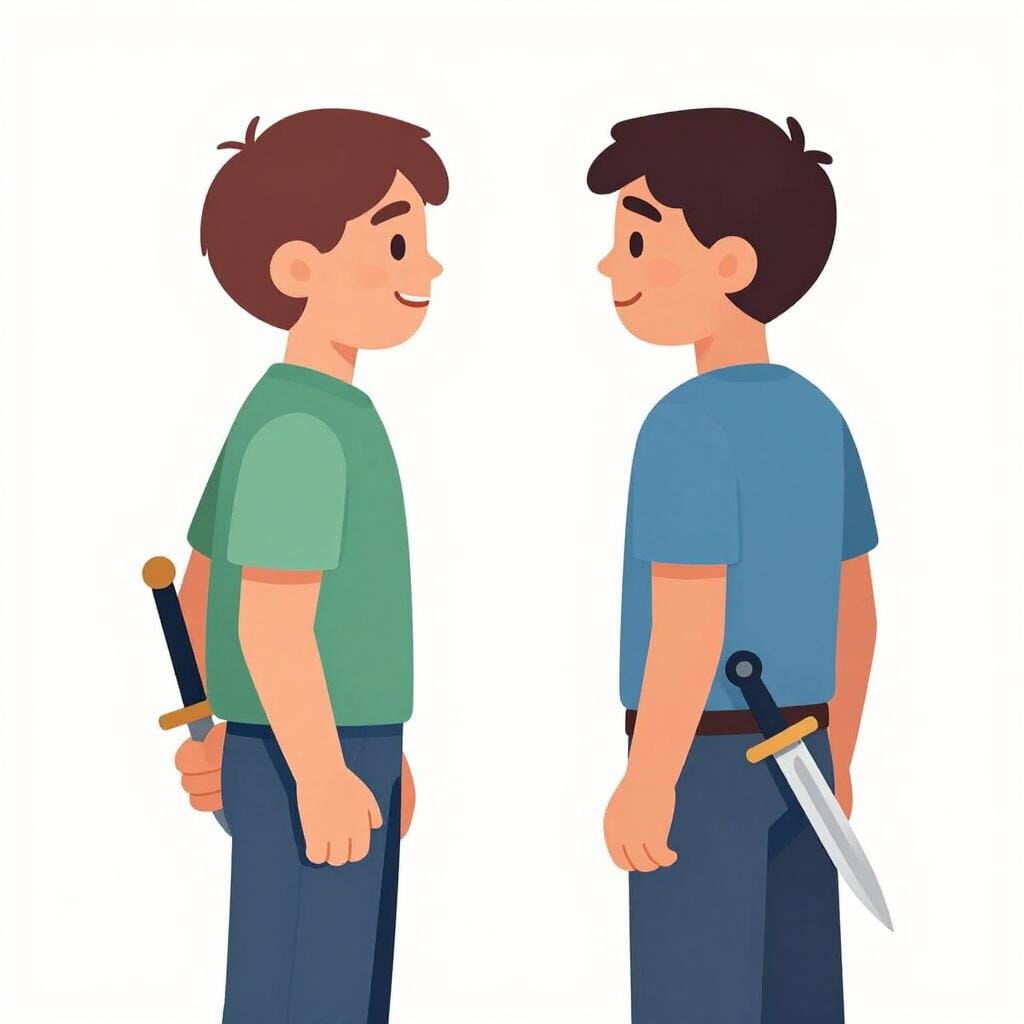 Een silhouet van twee mensen waarbij één persoon in het geheim een dolk achter zijn rug houdt terwijl hij naar de ander lacht.