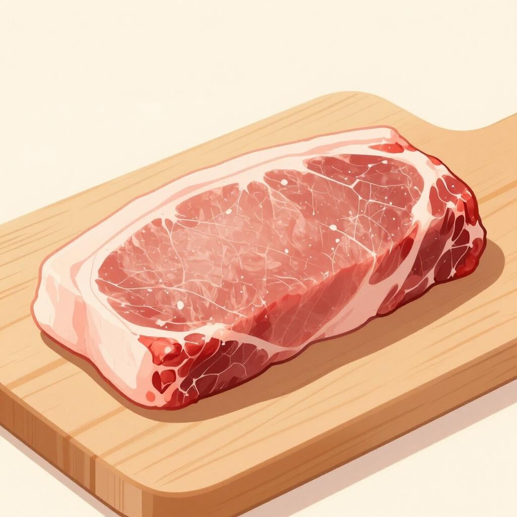 A raw, high-quality cut of pork loin resting on a wooden cutting board.