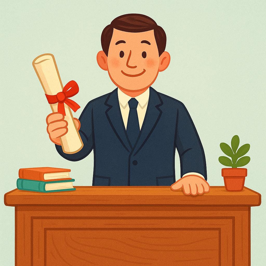 A person wearing a formal suit standing near a desk, holding the balanced scales of justice.