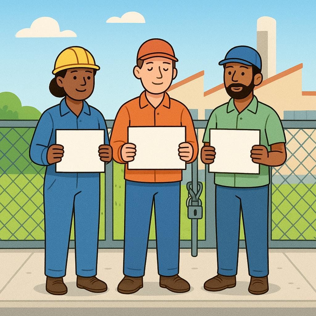 Three colorful cartoon factory workers standing still outside a closed factory gate, symbolizing a work stoppage.