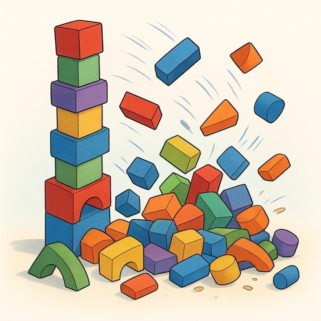 A colorful storybook illustration depicting a tall, organized tower made of square building blocks suddenly collapsing into a wide, disorganized heap on the ground, symbolizing structural chaos.