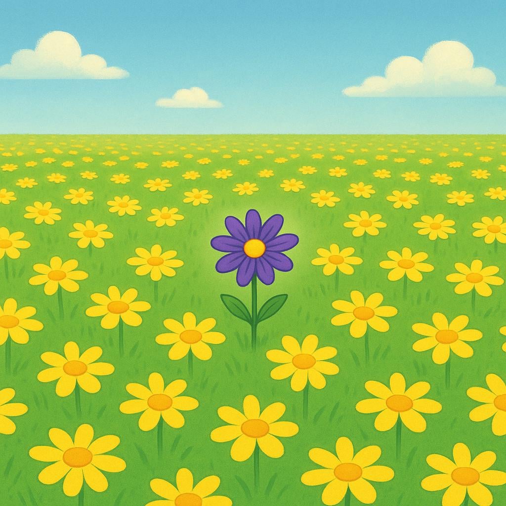 A vast green field covered in hundreds of common yellow daisies, with a single, unique purple flower blooming prominently in the center, illustrating rarity.