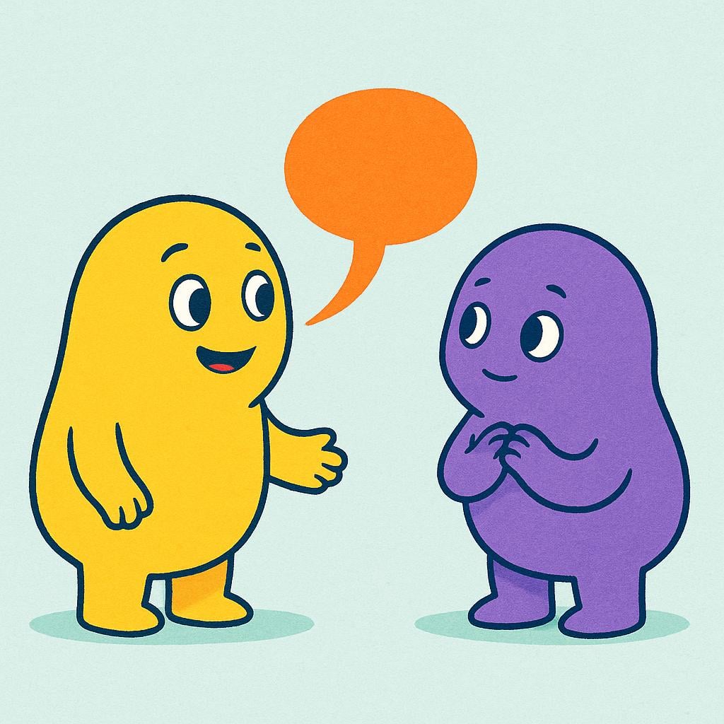 A simple storybook illustration showing a friendly yellow creature speaking a bright orange curved line towards a listening purple creature, symbolizing a spoken answer or reply.