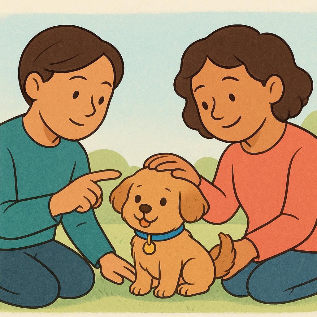 Two smiling people gently petting a small, newly adopted puppy, one person pointing at the puppy with a thoughtful expression, indicating they are deciding on its name.