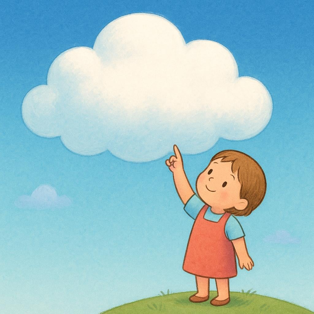 A small child gently touches a fluffy white cloud with one finger, emphasizing the action of touching.